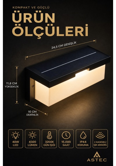 Astec Solar Duvar Apliği 40w 3200k Gün Işığı Su Toz Geçirmez Sensörlü Bahçe Ve Dış Mekan Lambası