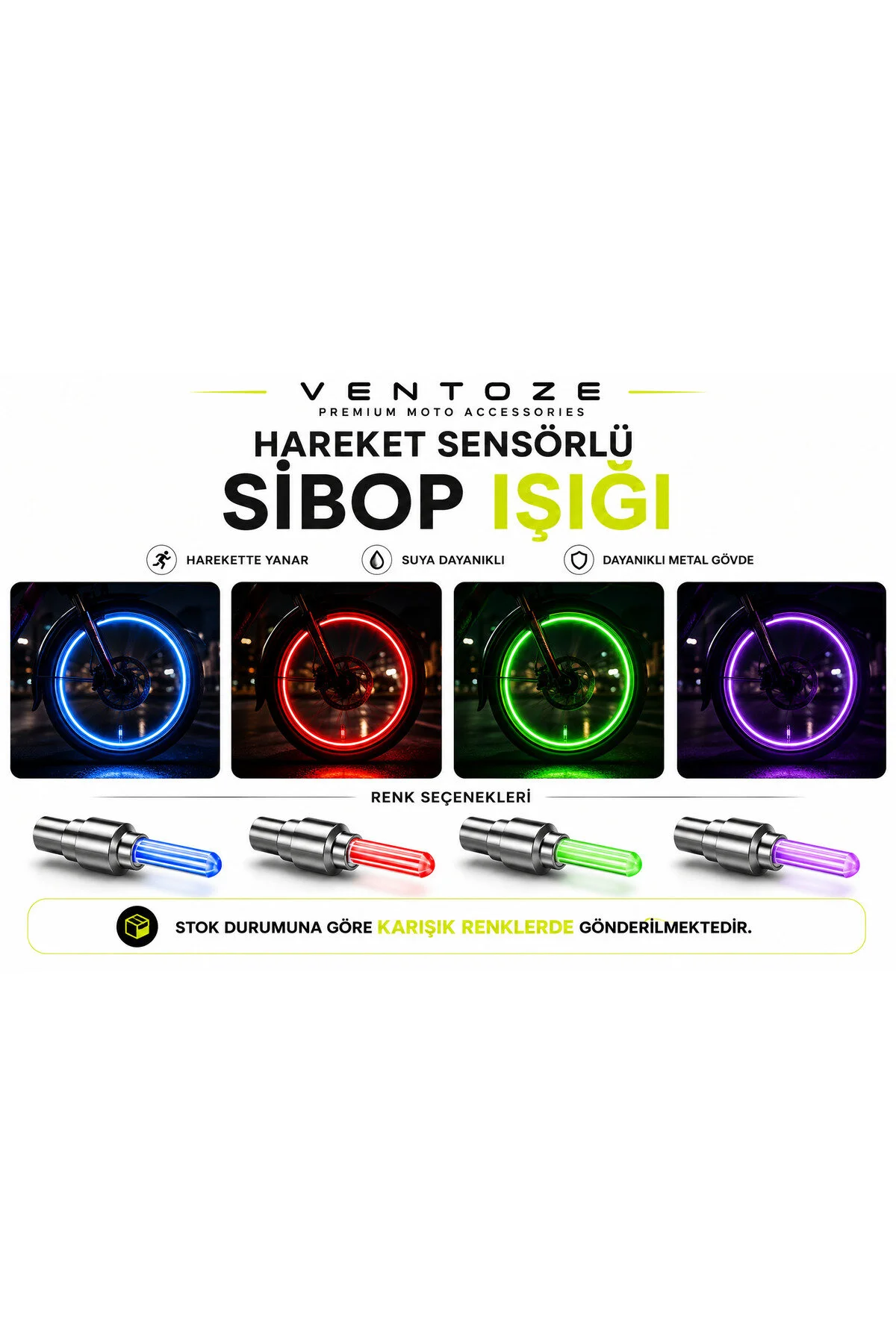 Hareket Sensörlü Ledli Işıklı Sibop Kapağı Araba Motosiklet Bisiklet Neon 2 Adet Çok Renkli