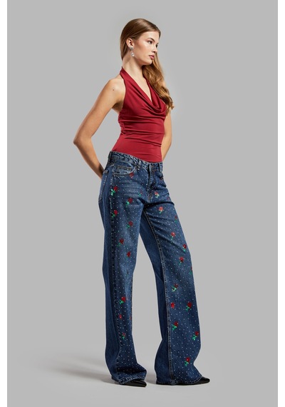 Itsbasic Kadın Kot Rengi T2w48 Çiçek Baskılı Parlak Taşlı Loose Fit Tasarım Denim Jean Kot Rengi Çiçek Baskılı