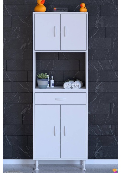 Arda 55 Cm 4 Kapaklı 7 Raflı Ve Çekmeceli Çok Amaçlı Banyo Dolabı 55 Cm