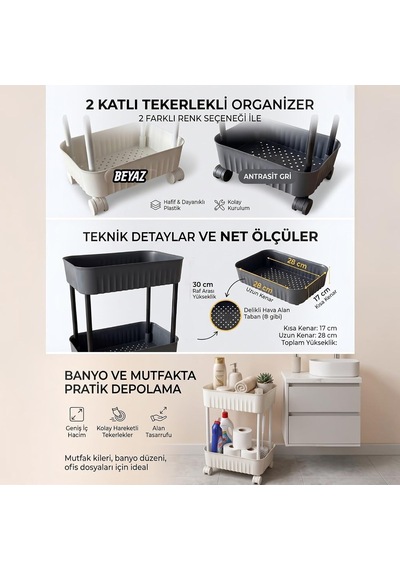 2 Katlı Tekerlekli Organizer Sepet, 28x17 Cm, Beyaz/antrasit Gri, Banyo Ve Mutfak Organizeri Antrasit Açık Siyah