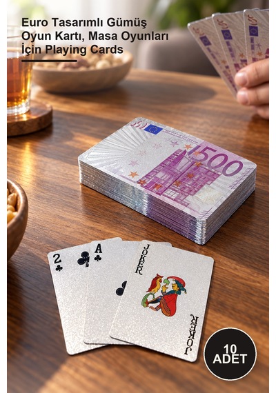 10 Adet İskambil Kart Destesi Euro Tasarımlı Gümüş Oyun Kartı, Masa Oyunları İçin Playing Cards