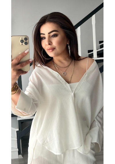 Beyaz Kendinden Dokulu Gömlek - Pantolon Takım Beyaz