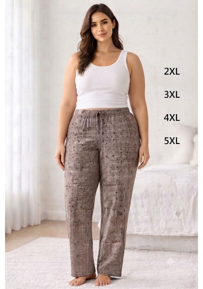 Viskon Pamuklu Kadın Büyük Beden Gri Desenli Pijama Pantolon - Mgb011 - Mudanis