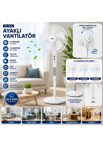 Sessiz 5 Pervaneli Vantilatör 16 İnç 140 Cm Yükseklik