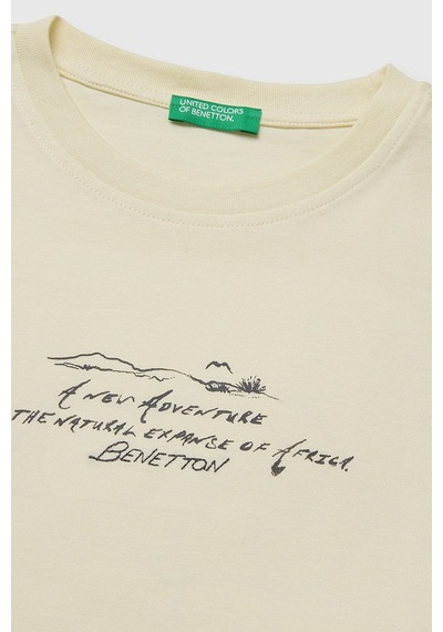 United Colors Of Benetton Erkek Çocuk Önü Baskılı Arkası İşlemeli Bisiklet Yaka T-shirt Ekru 6-13 Yaş-2828