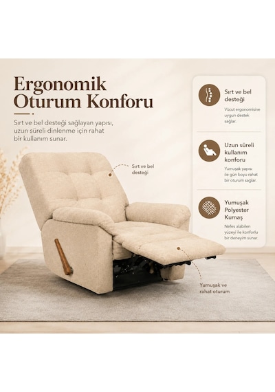 Smarto Relax Ticino Manuel Mekanizmalı Ergonomik Tv Koltuğu Berjer Baba Koltuğu Ekru