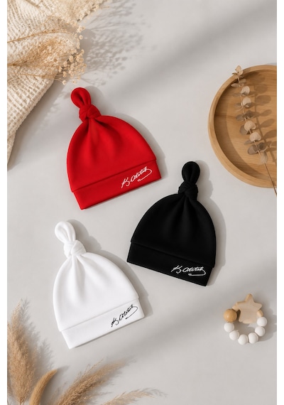 Babyden's Atatürk İmzalı Yenidoğan Bebek Şapka Seti 3 Lü Paket %100 Pamuklu Unisex Bebek Bere Takımı Beyaz - Kırmızı - Siyah