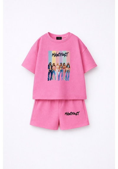Fasardi Manifest Girls M6nifestgirls Baskılı Oversize %100 Pamuk Tişört Şort 2li Çocuk Takım Pembe
