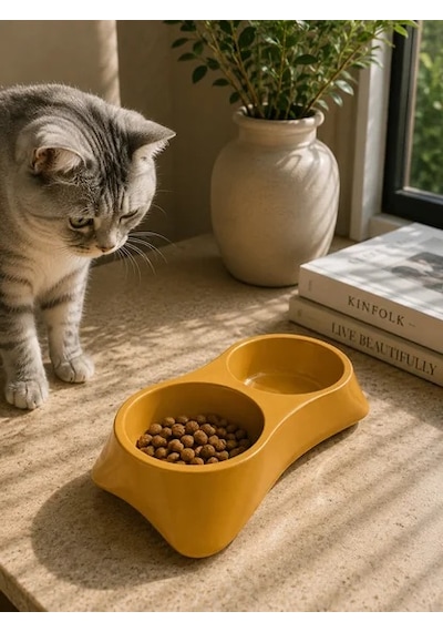 İkili Model Beton Kedi Köpek Mama Ve Su Kabı 24cm 12cm 5cm - Bronz
