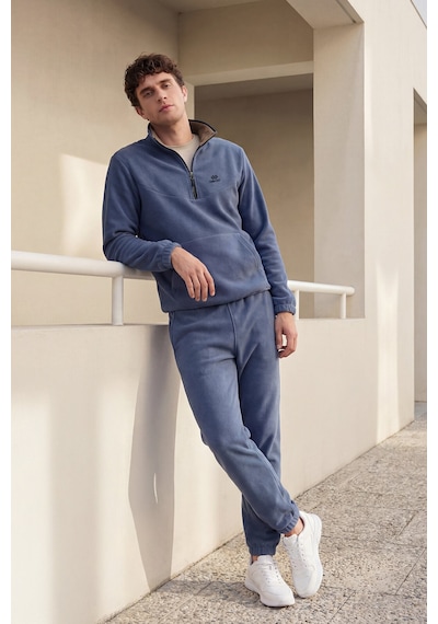 Tommy Life Petrol Yarım Fermuar Dik Yaka Lastik Paça Polar Erkek Eşofman Takımı - 85159 Petrol