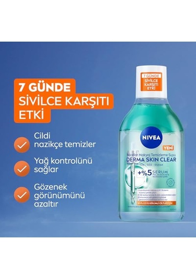 Nıvea Micellar Makyaj Temizleme Suyu Derma Skin Clear 400 Ml, Sivilce Karşıtı,serum İçerikli,niasinamid,salisilik Asit,pha,sivilceye Eğilimli Ciltler,durulama Gerektirmez