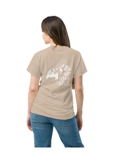 Wildstyle Find Yourself Kendini Keşfet Dağ Kamp Doğa Baskılı Unisex Pamuklu Tişört Camel