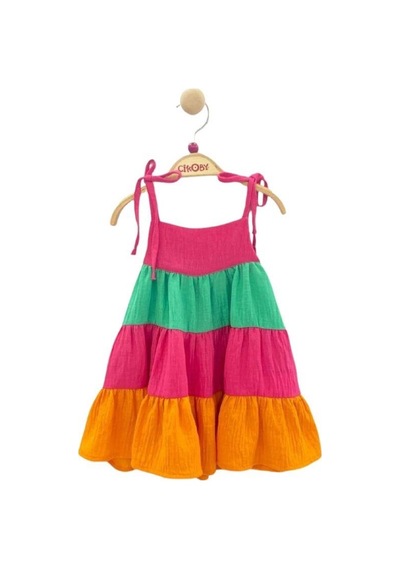 Çikoby Kız Bebek Çocuk Renkli Fırfırlı Askılı Elbise-13880 Fuşya