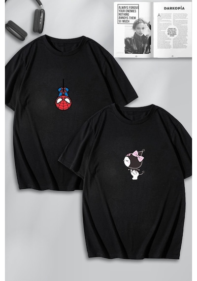 Unisex Kadın Erkek Spiderman Kuromi Sevgili Çift Kombini Tasarım Oversize Tshirt 2'li Siyah Mck0140 Siyah