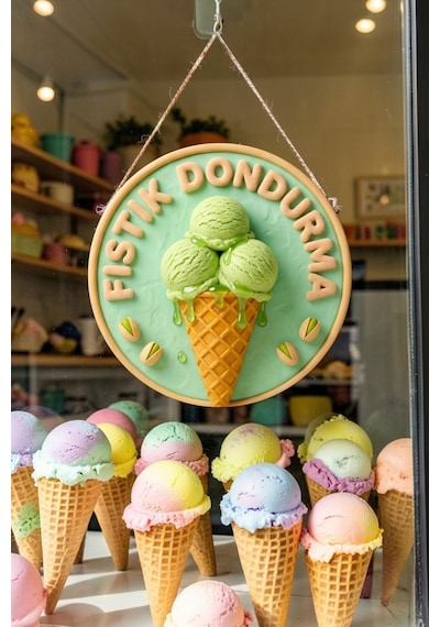 Fıstıklı Dondurma Görselli İpli Ahşap Kapı Ve Duvar Süsü, Cafe, Dondurmacı Tabelası, Tatlıcı Dekoru