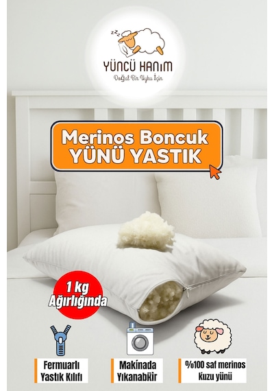 %100 Doğal Merinos Boncuk Kuzu Yünü Dolgulu Yastık 50 X 70 Cm Ebat 1000 Gram Beyaz