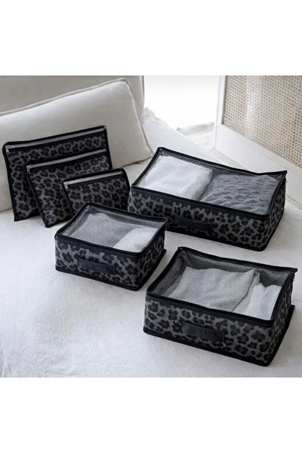 Morbebe Premium Leoparlı 6 Lı Valiz Düzenleyici Set I Seyahat Organizer Çantası I Bavul İçi Düzenleyici Siyah