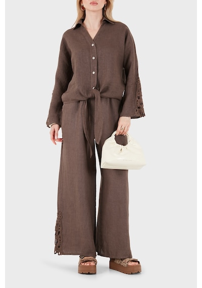 Via Dante Relaxed Fit Güpür Detaylı Uzun Kollu Keten Gömlek Bayan Gömlek 699e31842 Kahve