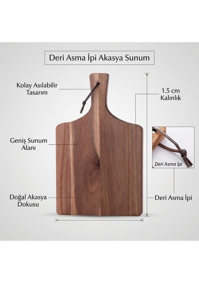 Deri Asma İpli Akasya Ahşap Sunum Tahtası, 40 28 1,5 Cm, 25 Cm Gövde Yüksekliği, Saplı Dikdörtgen Servis Tabağı, Peynir Ve Atıştırmalık Sunumu, 1 Adet Çok Renkli