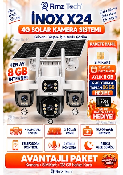 İnox X24 Sim Kartlı, 4 Kameralı , Güneş Enerjili, Solar Panelli Kamera, Aylık 8 Gb 1 Yıllık Sım Kart