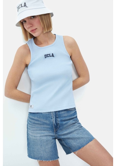 Salınas Gök Mavi Sıfır Kol Nakışlı Standard Fit Kadın Tshirt Gök Mavi