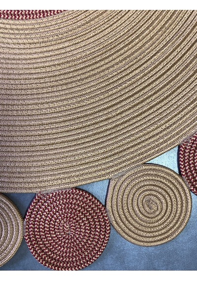 Mavaux Bej Jüt Hasırlı El Örgüsü Kilim Halı Hasır Yuvarlak Kırmızı