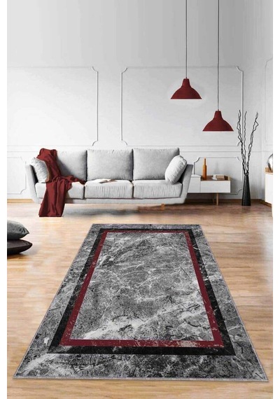 Bordo Çerçeveli Kaymaz Taban Makinede Yıkanabilir Halı Rv107n11