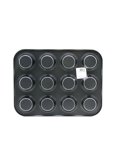 12 Gözlü Metal Muffin Kek Kalıbı - Siyah Düz Renkli