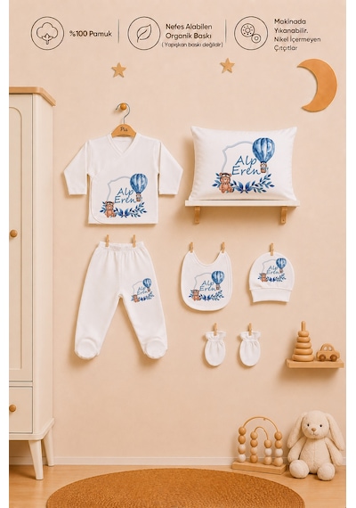 Pia Baby İsme Özel Erkek Bebek %100 Pamuk Zıbın Şapka Önlük Eldiven Ve Yastık Kılıfı Hediyelik Set 1009yzyx Ekru