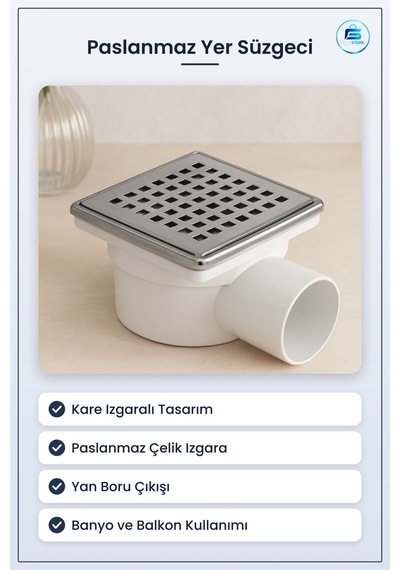 Paslanmaz Yer Süzgeci Banyo Balkon Drenaj Kare Izgaralı Tıkanmaya