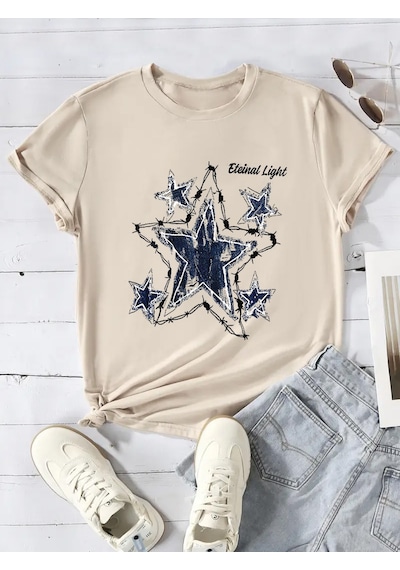 Unisex Eteinal Light Baskılı Oversize Tshirt Bej