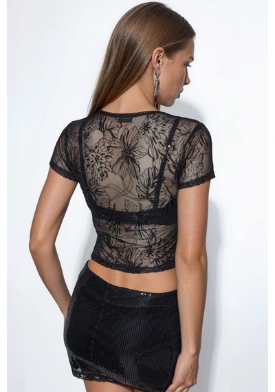 Hiccup Busem Çiçek Desenli Payetli Slim Fit Bluz Siyah
