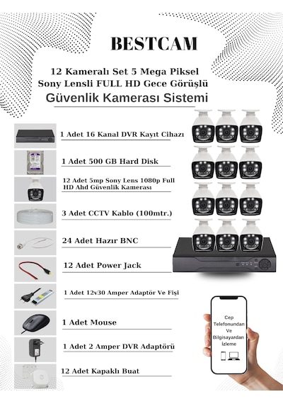 12 Kameralı Set 5 Mp Sony Lensli Full Hd Kamera Seti 500 Gb Hdd