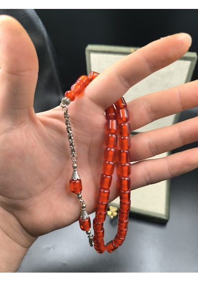 Osmanlı Benzetme Sıkma Kehribar Tesbih Ateş Kırmızısı, 9x10 Mm Gümüş