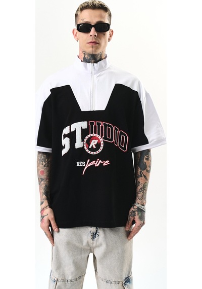 Respire Erkek Studio Nakışlı Yarım Fermuarlı Oversize T-shirt Siyah