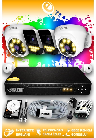 Elitcam 4 Kameralı Süper 2 İç Kamera Set 1 TB 5 MP 2K Net Renkli Gece Görüşlü Güvenlik Kamerası Sistemi