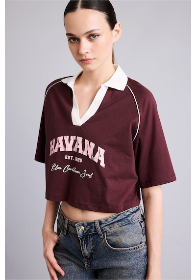 Defacto %100 Pamuk Oversize Kontrast Polo Yaka Baskılı Crop Tişört I6806ax26aubr2 Bordo-br2