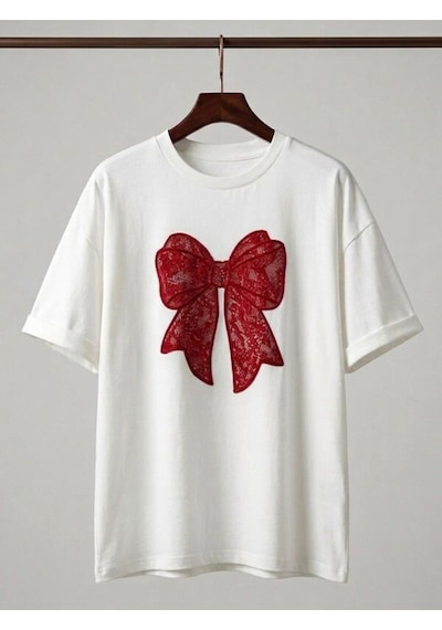 Kadın Beyaz Oversize Fiyonk Baskı Detaylı Kpmpak T-shirt Kırmızı