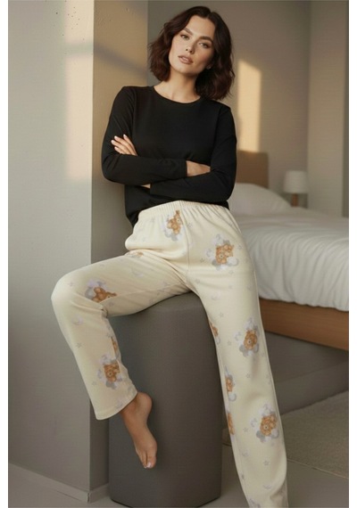 Siyah İnci Pamuklu Örme Pijama Takım 7975 Krem Ayıcık