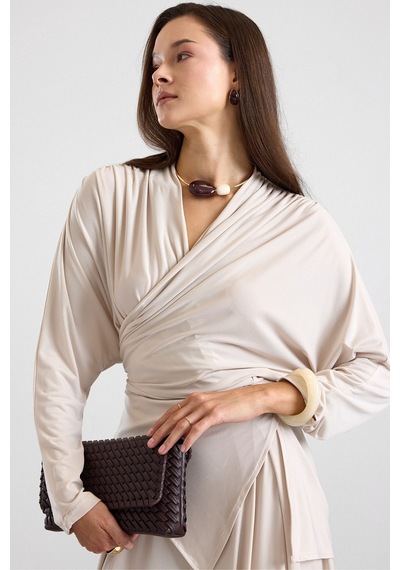 Olcay Asimetrik Kesim Şalvar Pantolon Kimono Takım Bej 9475-tk