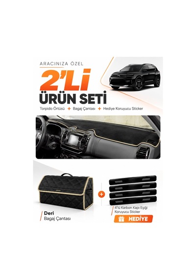 E-biz Cıtroen C5 Aircross 2018-2026 Uyumlu Torpido Örtüsü + Deri Bagaj Çantası - Siyah-bej - Cı014