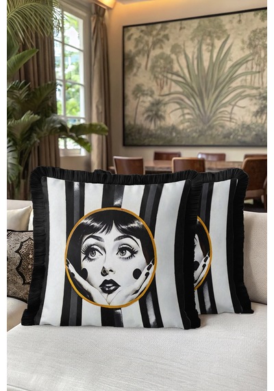 Art Deco Yüz İllüstrasyonlu Saçaklı Yastık Kılıfı-çizgili Monokrom Modern Püsküllü Kırlent Kılıfı Grili Kül