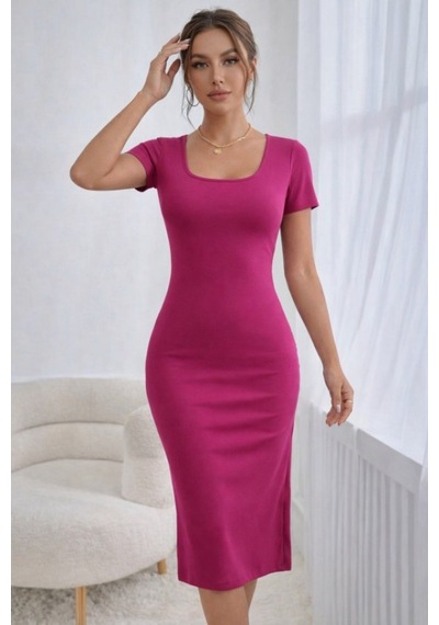 Efnaz Style Kadın Kısa Kollu Yuvarlak Yakalı Yırtmaçlı Midi Kaşkorse Elbise Pembe