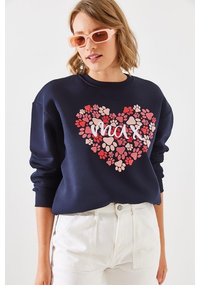 Shade Kadın Üç İplik Şardonlu Yuvarlak Yaka Pati Baskılı Sweatshirt Mbhs005 60601005 - Lacivert