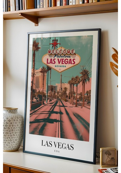 Las Vegas Welcome Vintage Seyahat Posteri Çerçeveli Tablo - Premium Nevada Elit Duvar Dekoru Siyah
