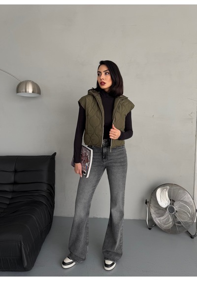 Loısy Kadın Cepli Kapitone Kapüşonlu Crop Yelek Haki