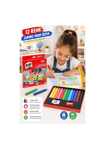 Jumbo Üçgen Mum Boya 12 Li 1 Paket Pritt 12 Renk Üçgen Mumboya Elleri Kirletmeyen Yıkanabilir Silinebilir Karton Kutu Çok Renkli
