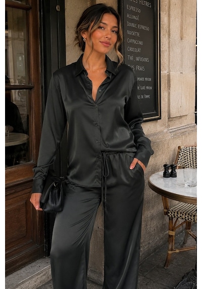 Madmext Haki Saten Gömlek Pantolon Takım Mg2745