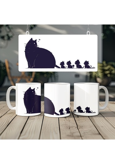 Siyah Kedi Ailesi Tasarım Kupa Bardak - Minimal Kedi Figürlü Hediye Bardak Beyaz